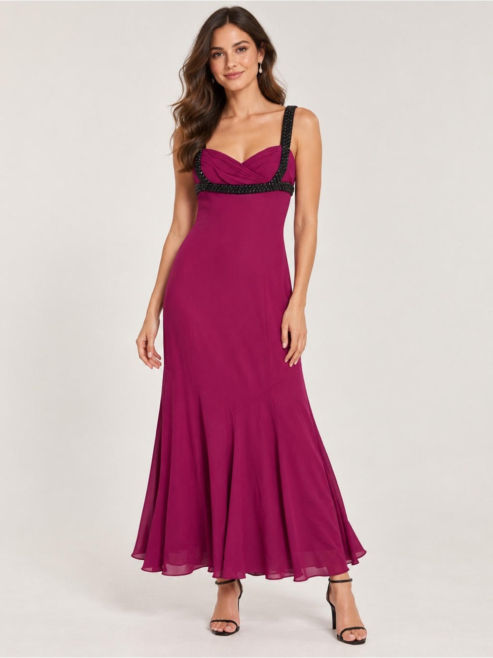 Marchesa Magenta Maxi with Embellished Black Straps 100% silk size 10